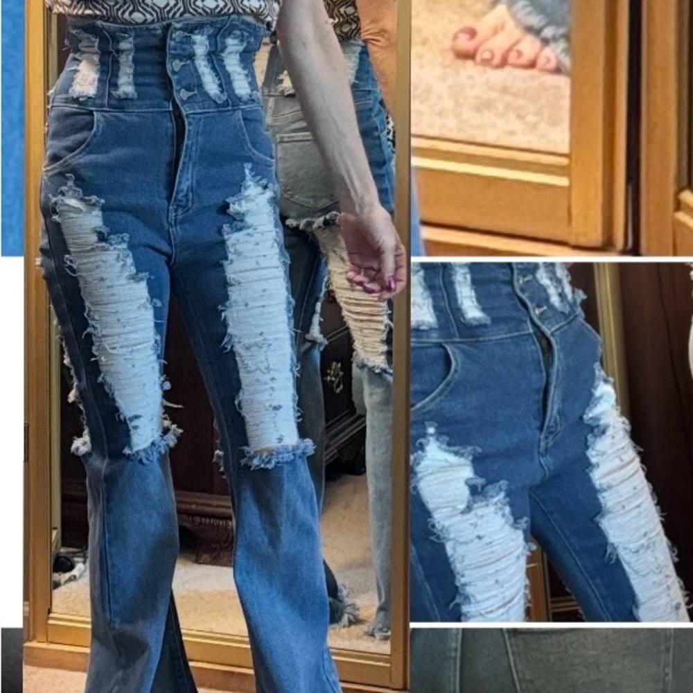 High-Waist Distressed Panel Flare Jeans - Blue size 5